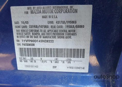 2004 Mazda Mazda6 S z USA, uszkodzony, nr VIN 1YVFP80D145N28222